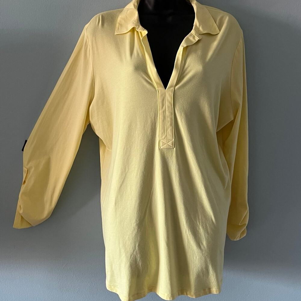 Lands End Tunic Shirt Womens L yellow 3/4 Sleeve Pullover Blouse Top